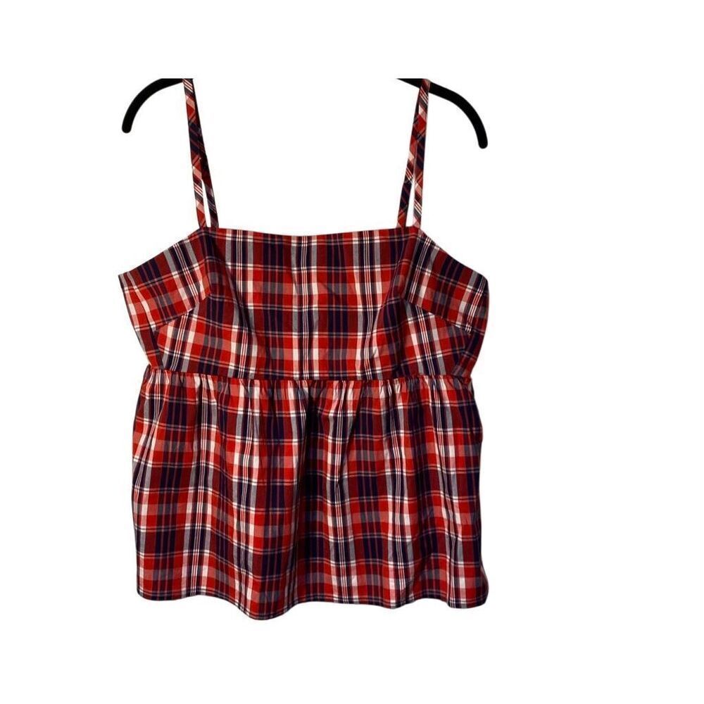 J.Crew women’s sleeveless plaid, red, white and blue americana, baby doll top 14